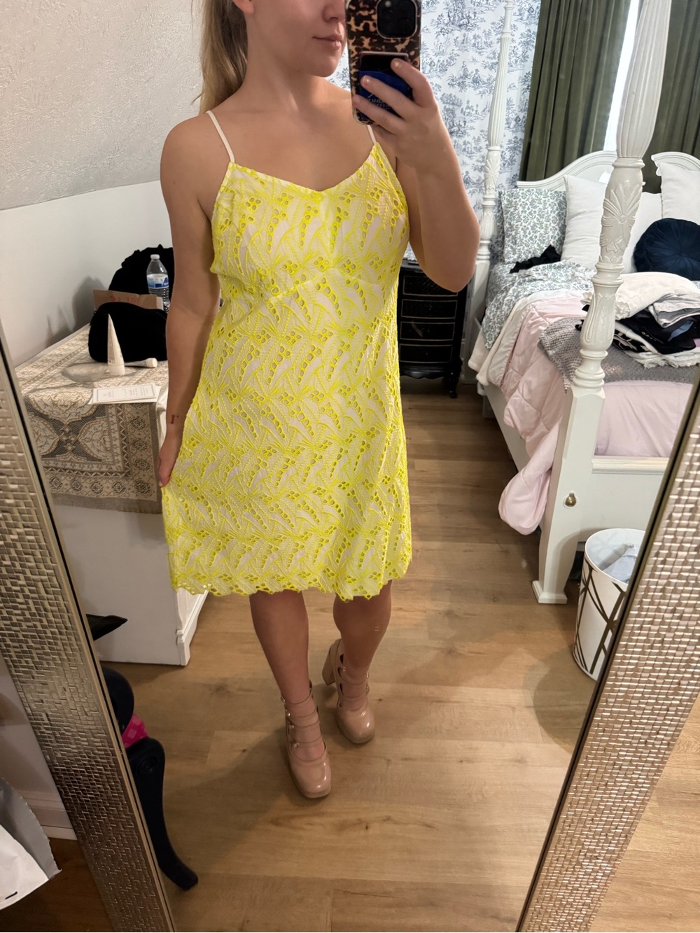 crown & ivy Neon Yellow Lace Slip Dress with Spaghetti Straps